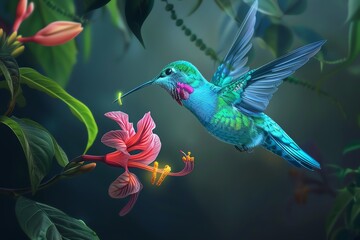 A vibrant hummingbird hovering near a colorful flower, capturing the beauty of nature in a serene atmosphere.