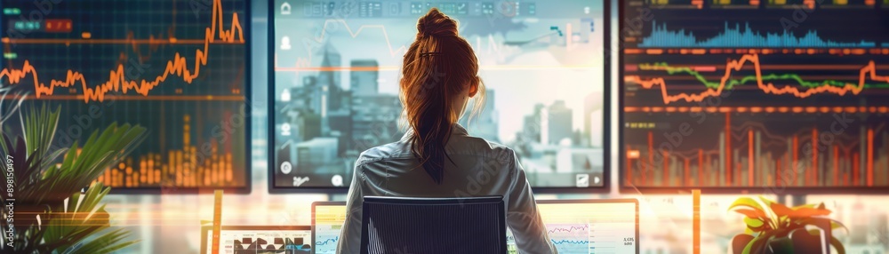 Poster a focused analyst monitors stock market data on multiple screens in a modern office setting with urb