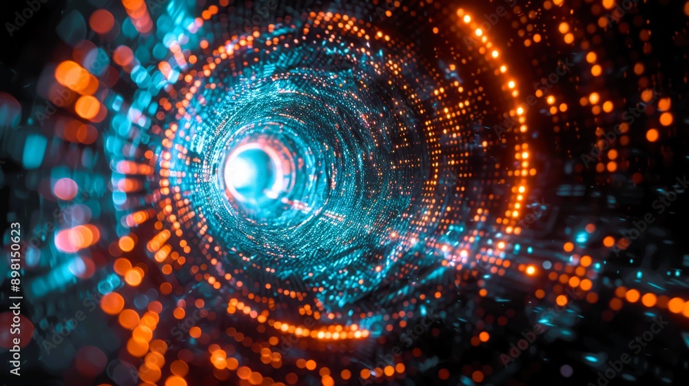 Poster a vibrant abstract tunnel of light showcasing dynamic energy and color patterns flowing through a di