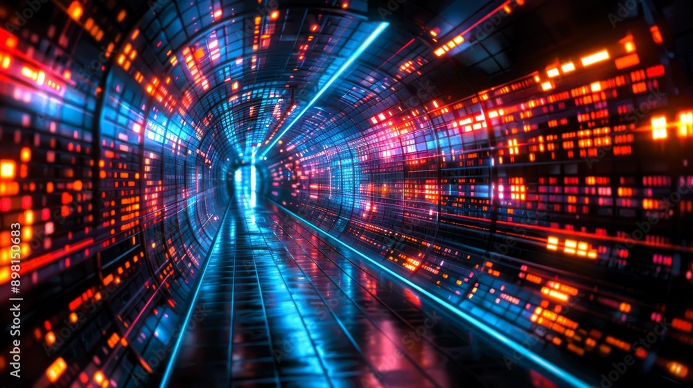 Poster a vibrant tunnel illuminated by colorful lights, creating a dynamic and futuristic atmosphere that c