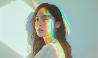 鮮やかな光を浴びる女性