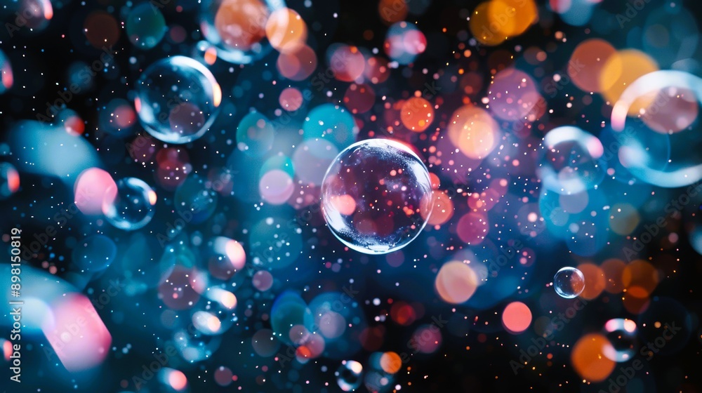 Poster colorful bubbles float against a dark background, creating a mesmerizing pattern of light and reflec