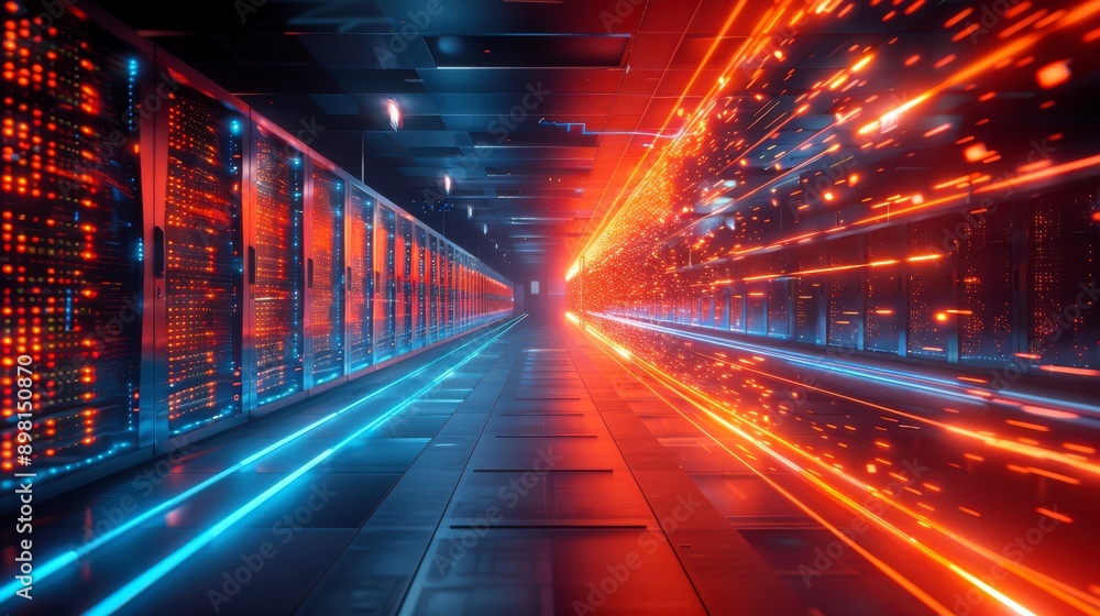 Poster futuristic data center with glowing lights, showcasing high-speed data flow and advanced technology 