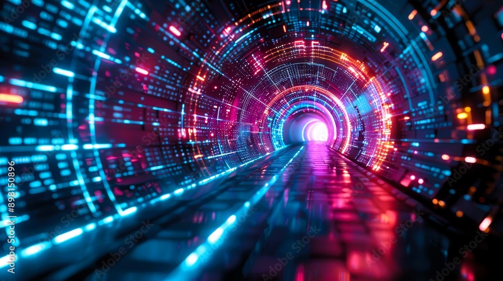 Poster futuristic tunnel with glowing lights and vibrant colors, creating a sense of motion and technology 