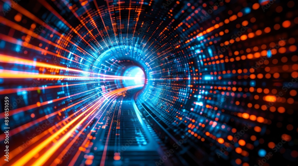 Poster vibrant digital tunnel with dynamic lights and patterns, representing speed, technology, and innovat