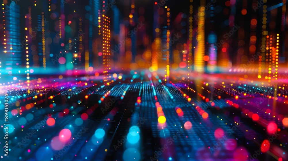 Poster vibrant digital abstract with glowing lights and patterns, creating a futuristic atmosphere of energ