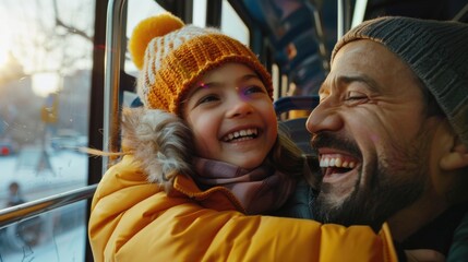 Fototapeta premium A father and daughter traveling together on a bus, possibly going on an outing or commuting to school