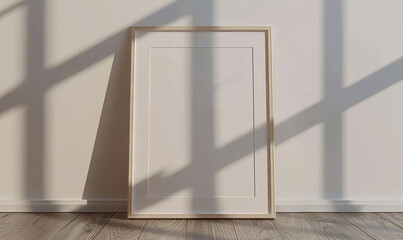 Wooden photo frame on the floor with sunlight and shadows on the