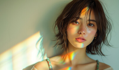 鮮やかな光を浴びる女性