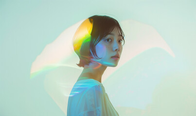 鮮やかな光を浴びる女性