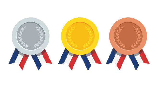 Three medal with gold madel and silver, bronze madel and red ribbon. vector illustration