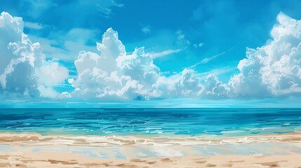 Fototapeta premium Beautiful Blue Skies with Nature, Moon ,Cloud ,Beach scenery, Tree, night -Anime concept Background, Thunderous Summer Skies: An Anime-Inspired Illustration