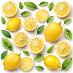 Lemons and Leaves on White Background