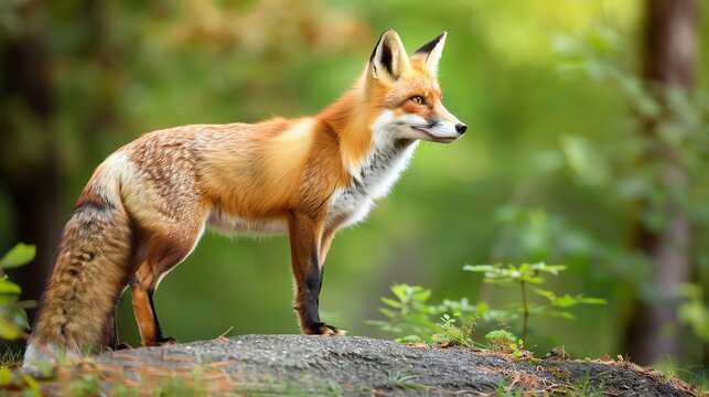 A beautiful red fox standing gracefully on a rock amidst a lush green forest, showcasing nature's vibrant wildlife.