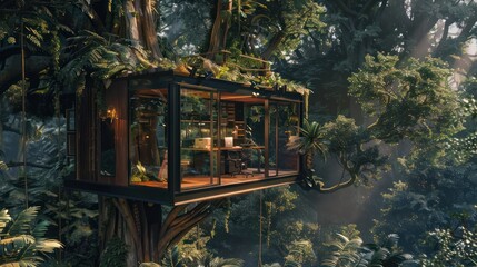 Obraz premium secluded treehouse surrounded by dense forest, featuring a compact workspace with panoramic glass windows