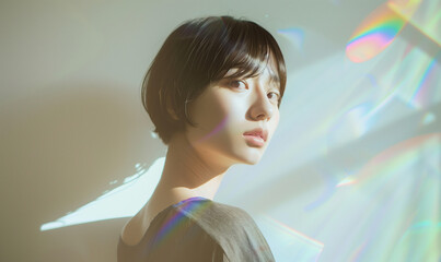 鮮やかな光を浴びる女性