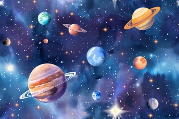 Naklejka premium A space theme featuring stars and planets in a seamless cosmic pattern rendered in watercolor style evokes the wonder of the universe.
