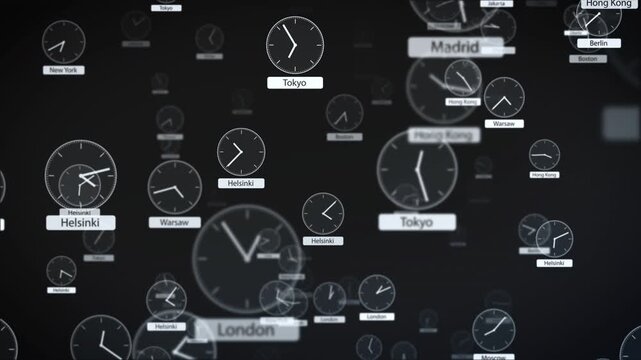 White clocks with different time zones from metropolitan areas against a black background, animation 