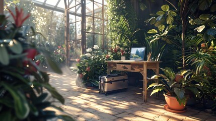 sunlit corner of a botanical garden equipped with a portable desk and laptop, ideal for an inspiring work session