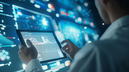 A businessman uses a tablet to analyze images of complex datasets in real-time, which can be used as technology graphics