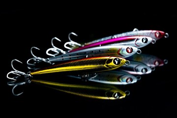 Close-up of colorful fishing lures on a reflective black surface
