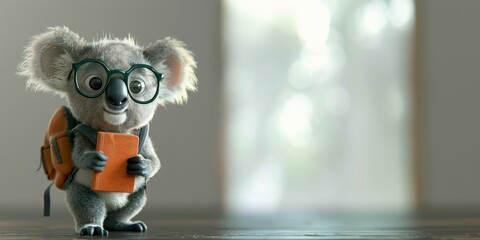 3D rendering koala wearing large glasses with book in arms and backpack on its back, copy space. concepts: school, back to school, education, marketing materials for schools or educational programs
