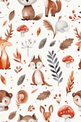 Forest animals and woodland creatures depicted in a seamless nature scene using watercolor style bring the charm of the forest to life.