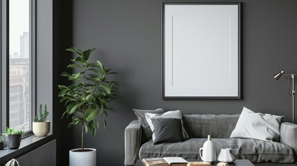 Mock up frame in home interior background, living room with natural furniture, Scandinavian style 3d illustration
