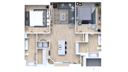 3d floor plan rendering for Two bedroom ,kitchen, living , and Bathroom.