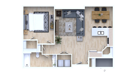 3d floor plan rendering for one bedroom ,kitchen, living , and Bathroom.