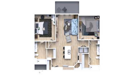 3d floor plan rendering for Two bedroom ,kitchen, living , and Bathroom.