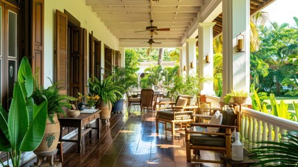 Fototapeta premium spacious veranda of a colonial house converted into a breezy work area, with wooden furniture and tropical plants