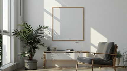 Mock up frame in home interior background, living room with natural furniture, Scandinavian style 3d illustration