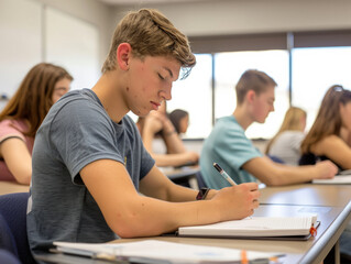 Fototapeta premium Teenage boy taking notes in a classroom