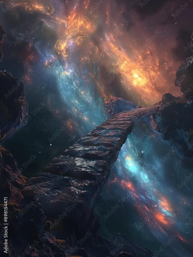 Poster a colorful space scene with a bridge in the middle