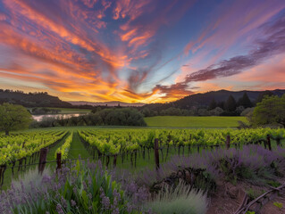 Vineyard rows with lavender at sunset
