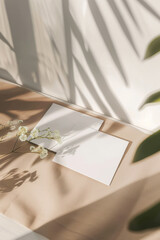 White paper mockups with sunlight shadows and a sprig of flowers