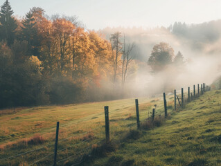 Obraz premium A fence runs through a meadow with fog rolling through the trees