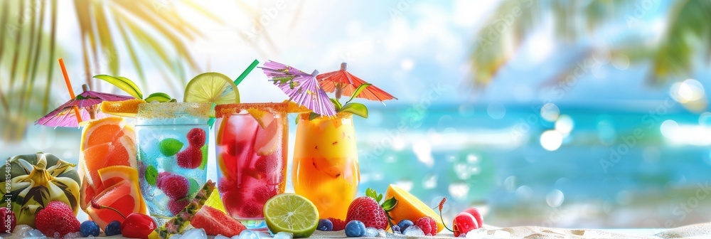 Aufkleber four colorful cocktails garnished with fruit and umbrellas are arranged on a sandy beach in front of