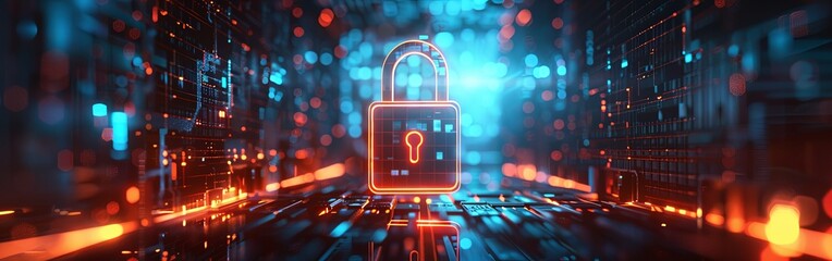 Futuristic Digital Lock Symbol in Glowing Blue