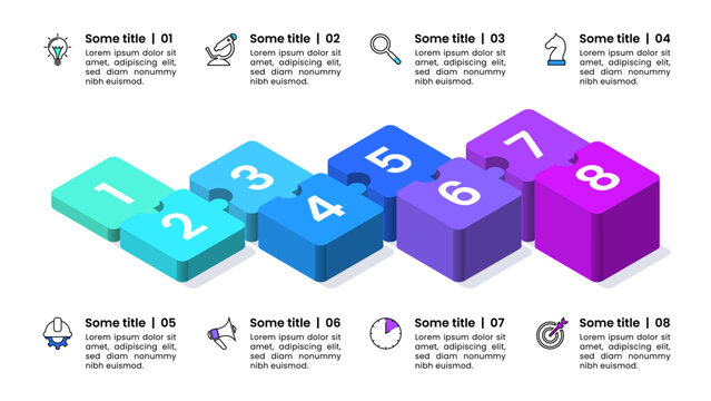 Infographic template. 8 isometric puzzle pieces with numbers