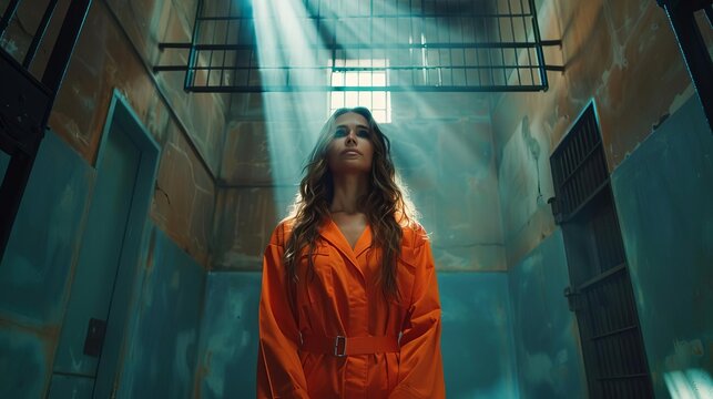 A woman in orange jumpsuit standing alone inside a jail cell