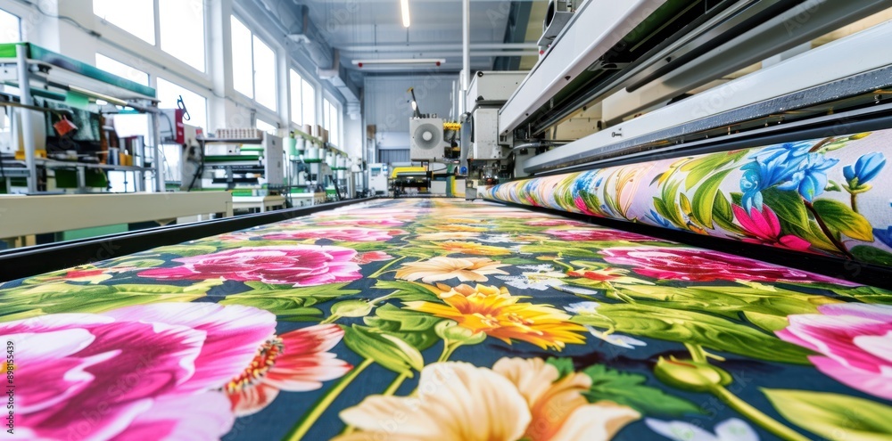 Poster fabric being printed with a floral design on a large format printing machine in a textile factory