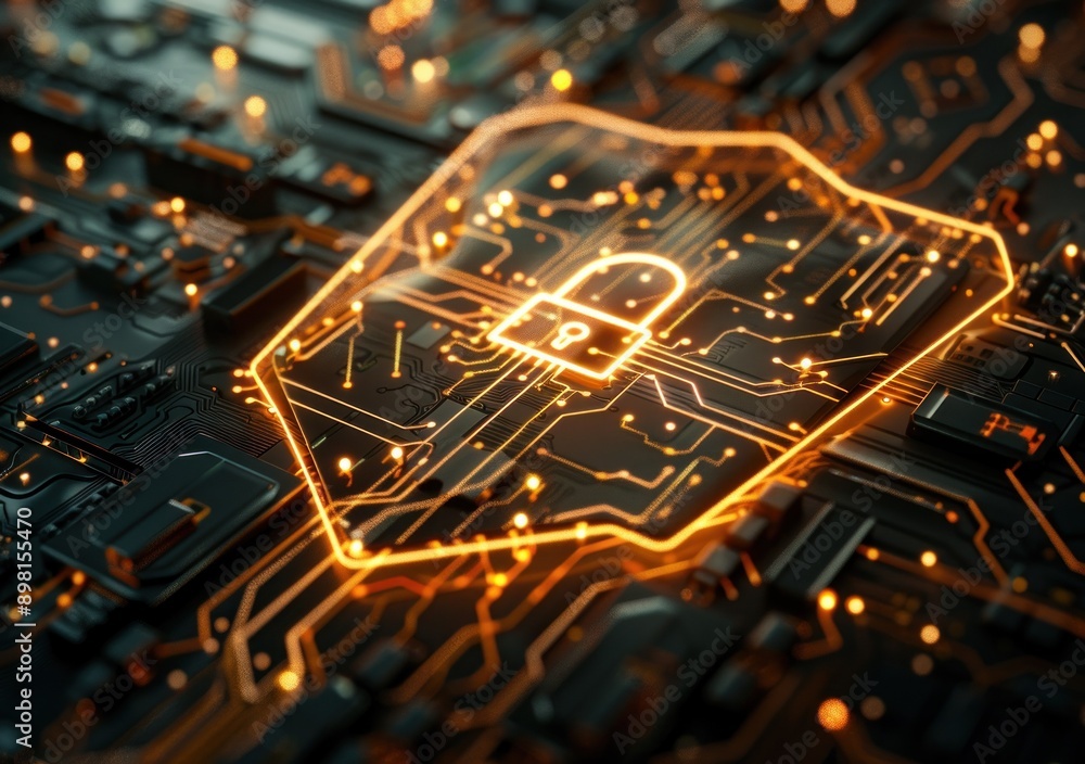 Poster A glowing lock symbol encased within a protective shield on a circuit board