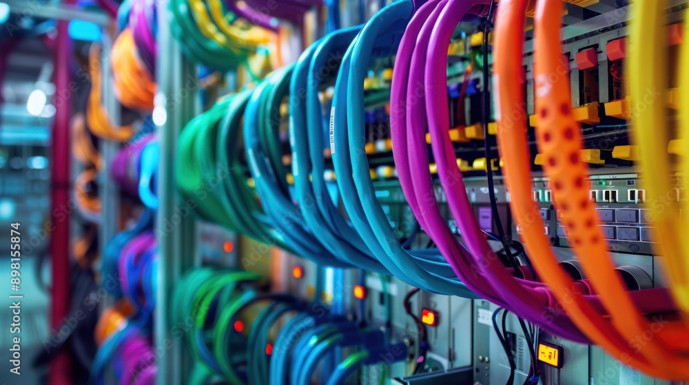 Poster Colorful wires connected to a server rack highlighting the complex network infrastructure
