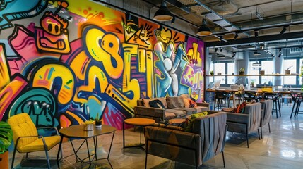 Fototapeta premium vibrant mural-painted wall in a creative agencya??s office, with stylish furniture and a casual work atmosphere