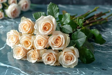 Obraz premium Elegant Bouquet of Peach Roses on Marble Surface - Floral Arrangement for Romantic Occasions and Decor