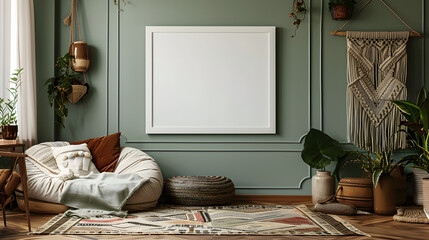 A high-resolution image of a living room with a white frame on a sage wall. The room has a cozy, artisan feel, with a woven rug on the floor, a macrame wall hanging, and a selection of vintage-style