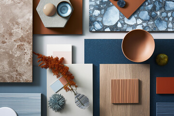 A minimal interior design moodboard with laminate oak wood ,teracotta, blue, accent