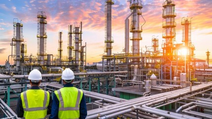 Two engineers contemplating sunset over oil and gas refinery plant